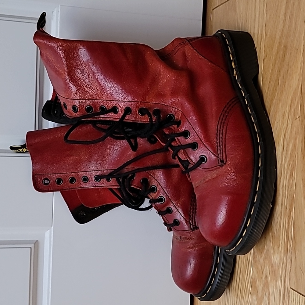 Vintage Dr. Martens 14 eyelet Cherry Red mid calf steel toe Boots 1940